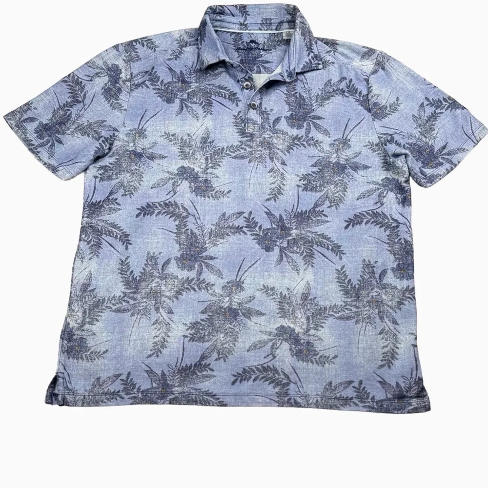 Tommy Bahama Tropical  Print Blue Short Sleeve Golf Shirt. Supima Cotton. Large